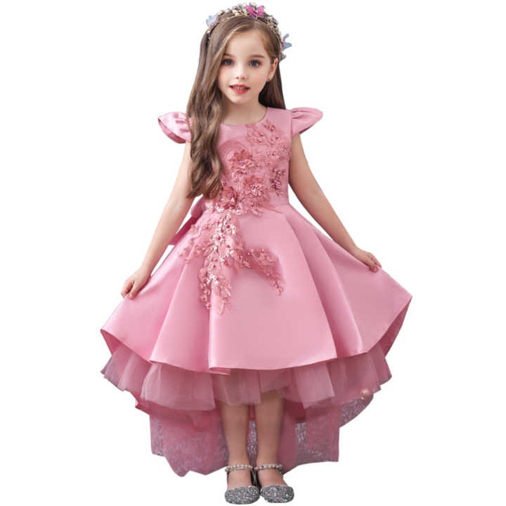 Western style tailed girl wedding dress elegant crew neck baby girls dress design kid beaded dresses for girls of 10 year old