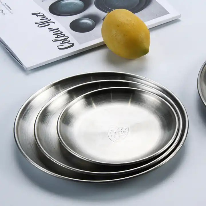 High Quality Round Korean Style 304 Stainless Steel Tableware Plates Dishes Dinner Metal Food Serving Plate